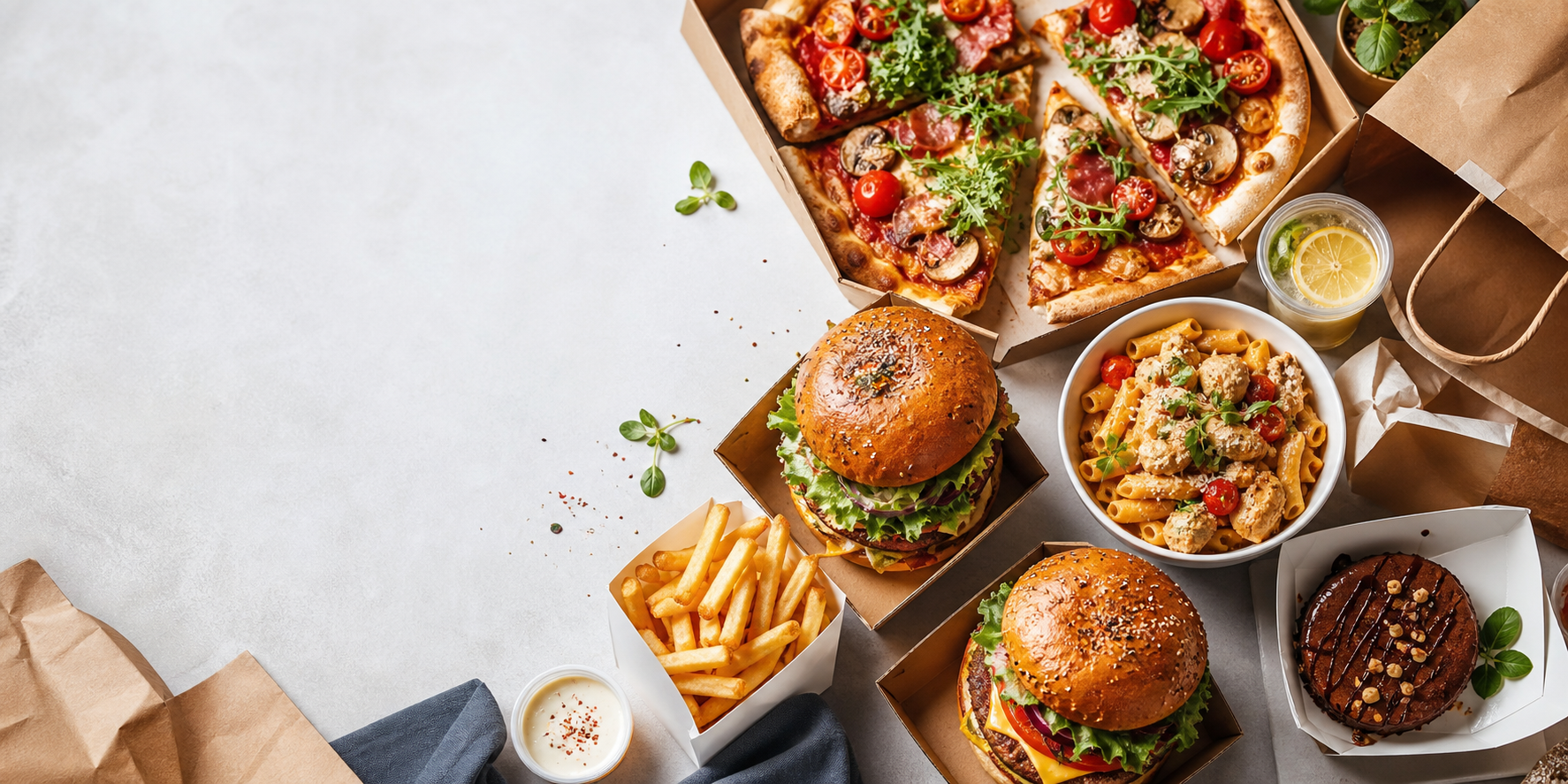 Ételrendelős válogatás burgerekkel, pizzával, tésztával és desszertekkel